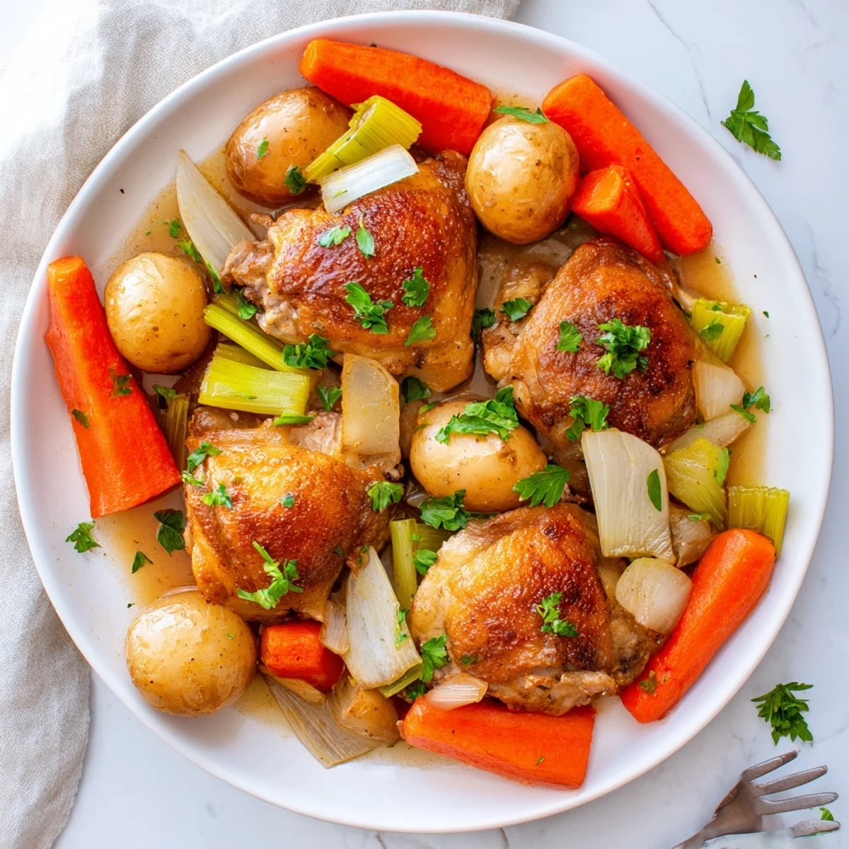 Golden brown chicken thighs nestled with baby potatoes and carrots in rich broth