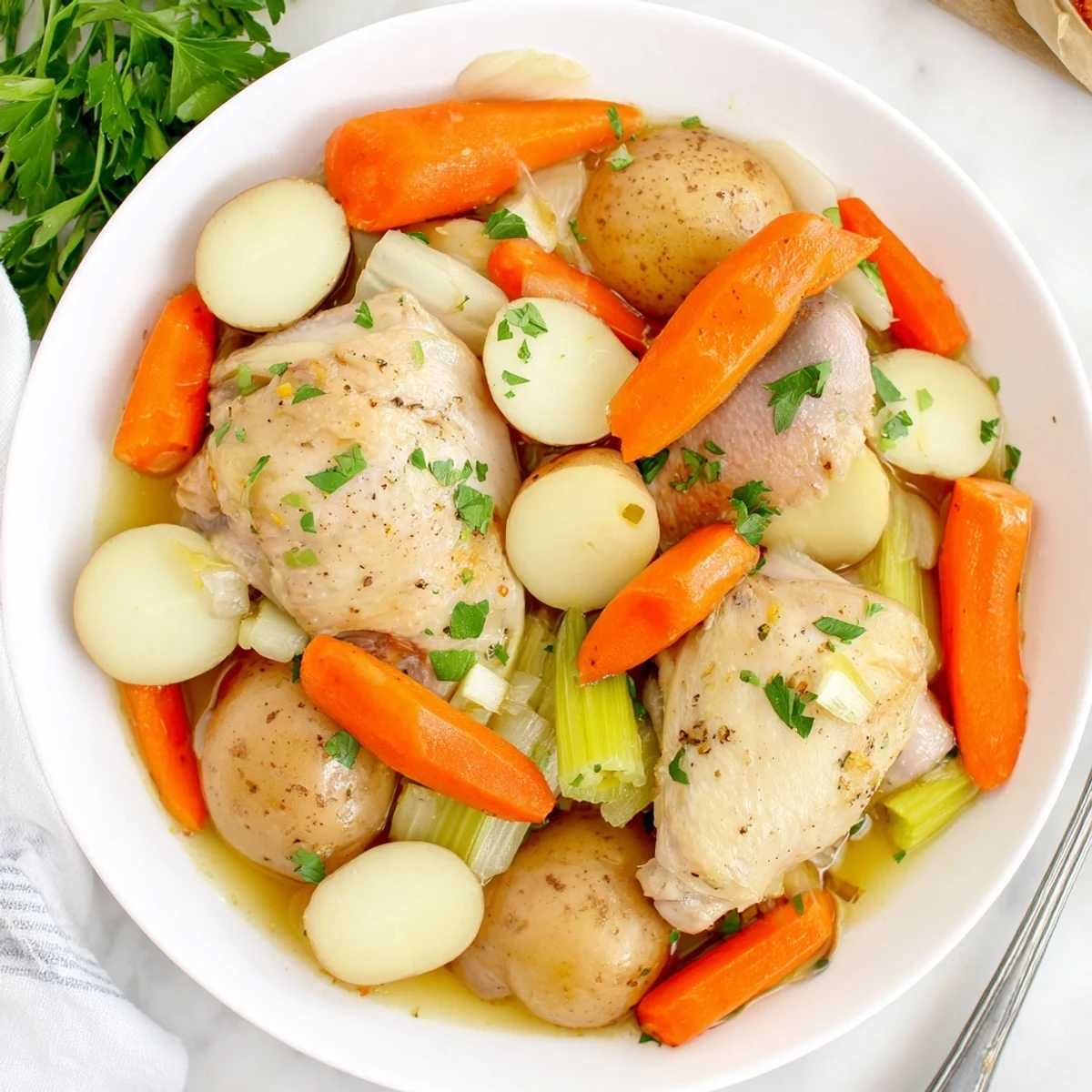 Wholesome slow cooked chicken garnished with fresh parsley alongside tender roasted vegetables