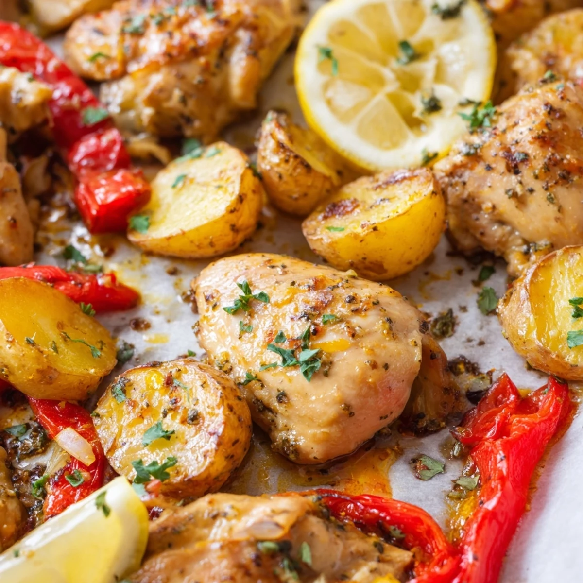 Golden roasted chicken breasts nestled among colorful vegetables on a sheet pan, garnished with fresh parsley and lemon wedges