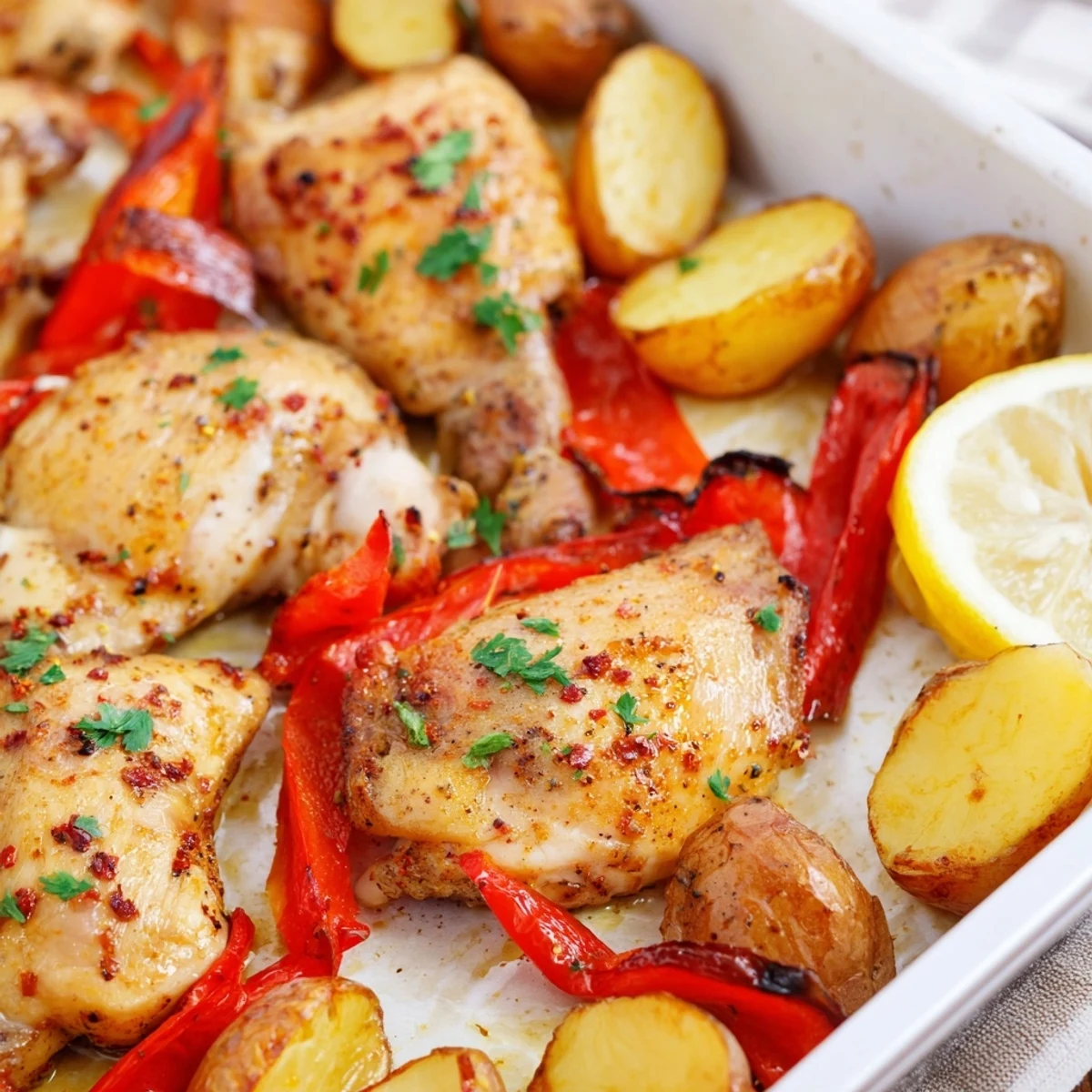 Juicy marinated chicken thighs arranged alongside baby potatoes and crisp vegetables in this vibrant one-pan lemon herb recipe