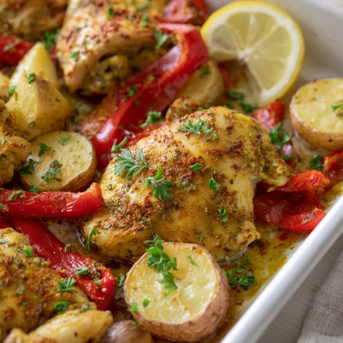 Complete sheet pan lemon herb chicken dinner with tender roasted carrots, peppers, and broccoli, perfectly cooked for easy weeknight meals