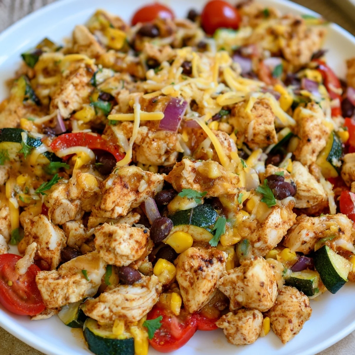 Golden chicken pieces and zucchini slices smothered in melted cheese in this vibrant Tex Mex chicken and zucchini skillet