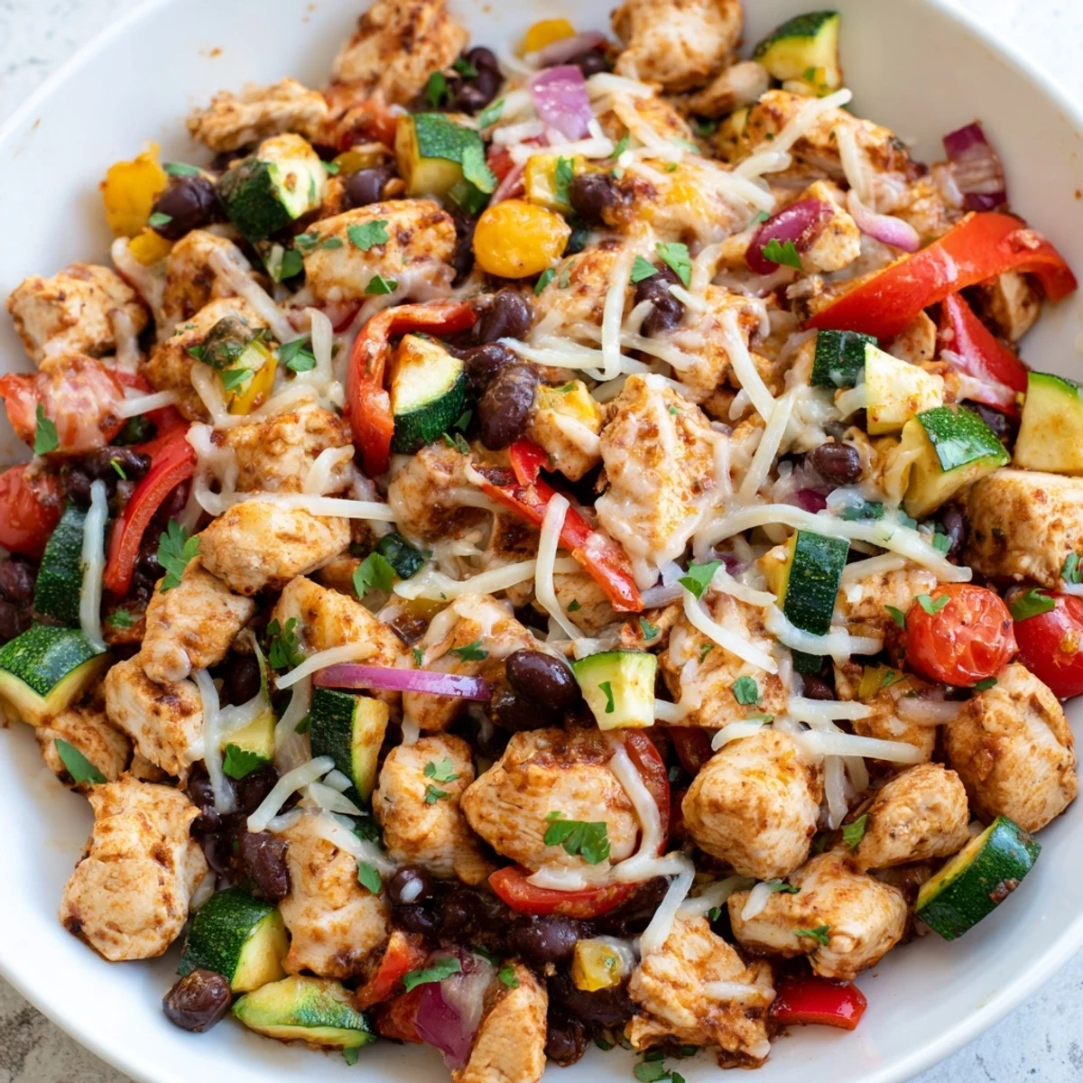 Sizzling one-pan Tex Mex chicken and zucchini with colorful bell peppers black beans and shredded Mexican cheese topping