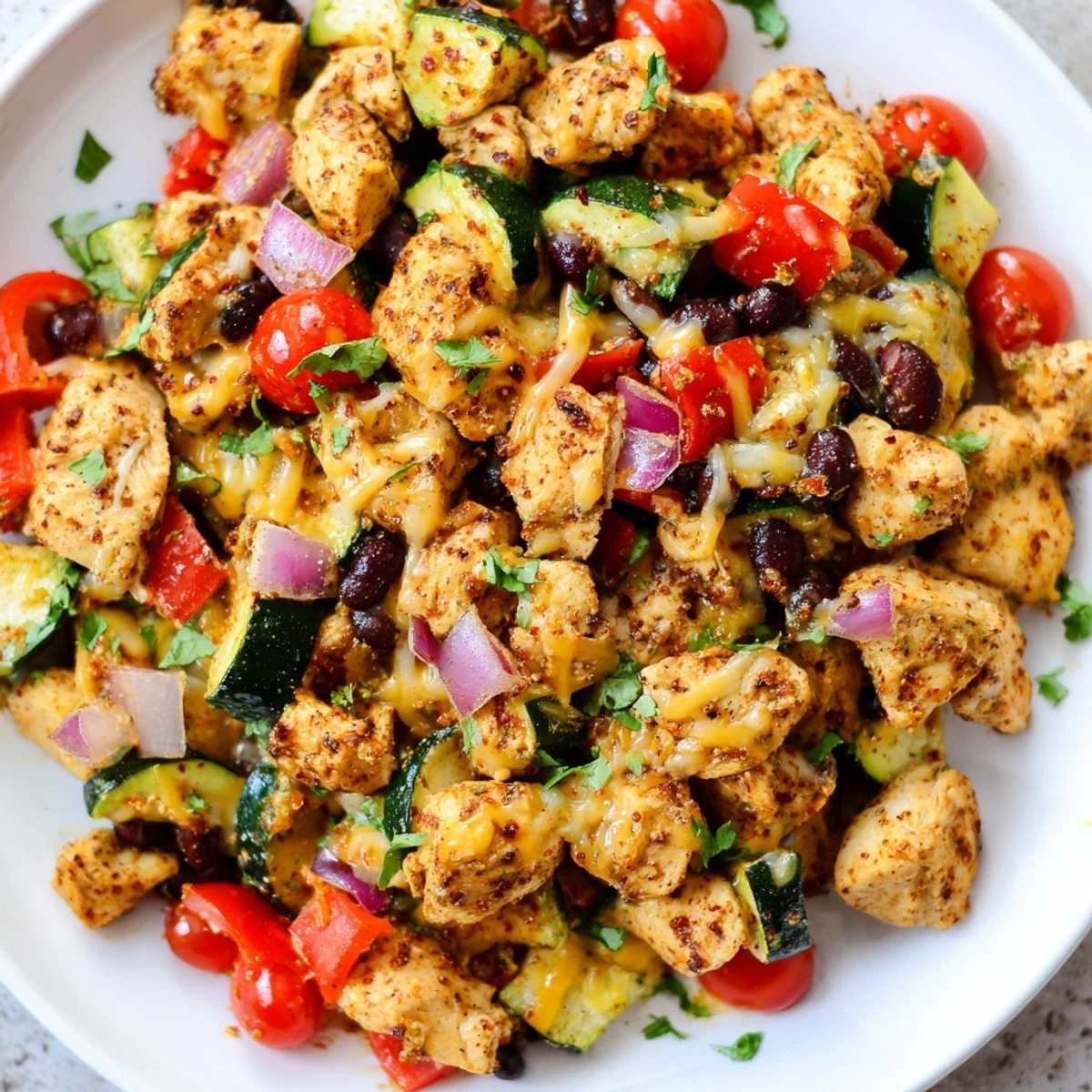 Juicy spiced chicken nestled beside tender zucchini and vegetables in this easy Tex Mex chicken and zucchini dinner