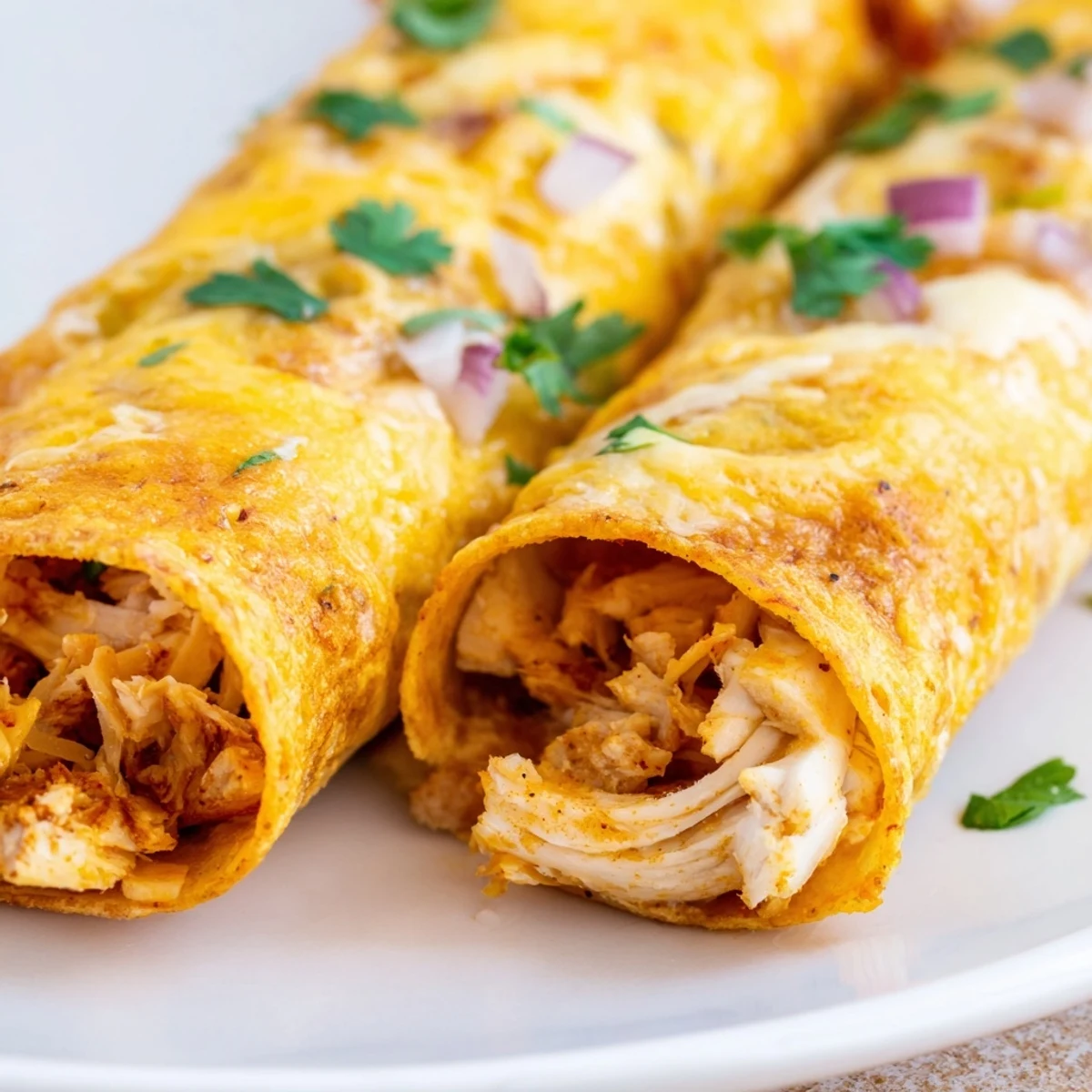 Golden crispy chicken taquitos filled with seasoned cheese and shredded chicken