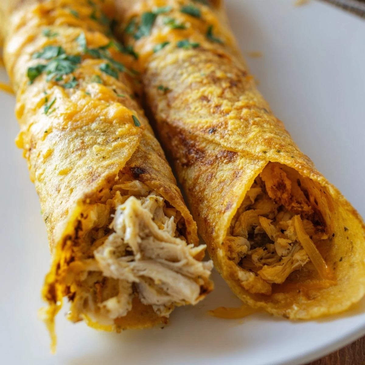 Baked crispy chicken taquitos arranged on serving platter with guacamole and salsa