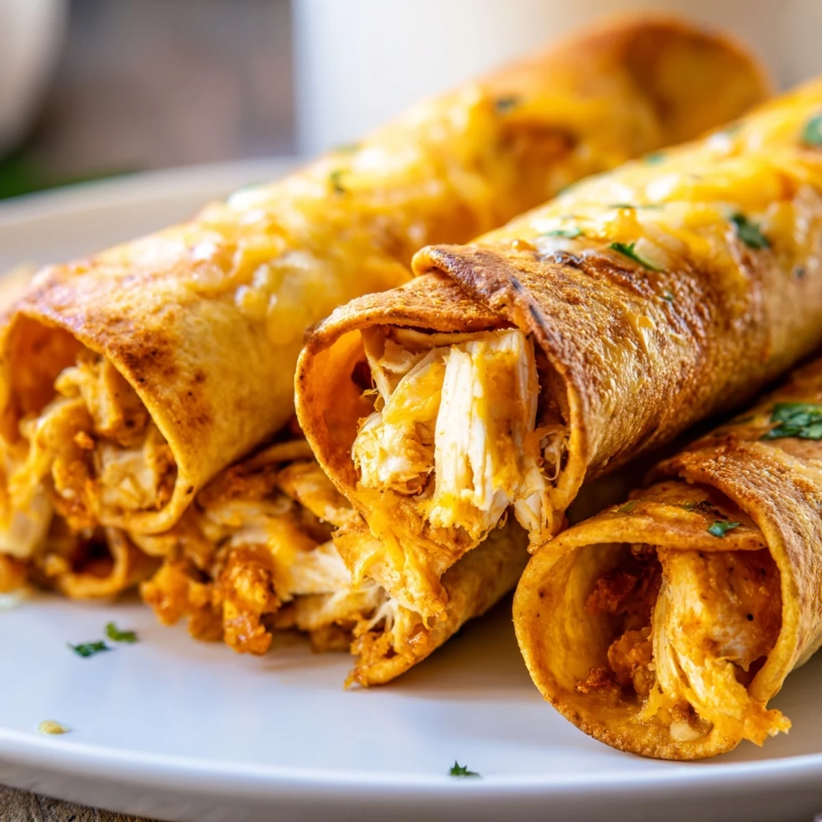 Homemade crispy chicken taquitos with melted cheese oozing from rolled tortillas
