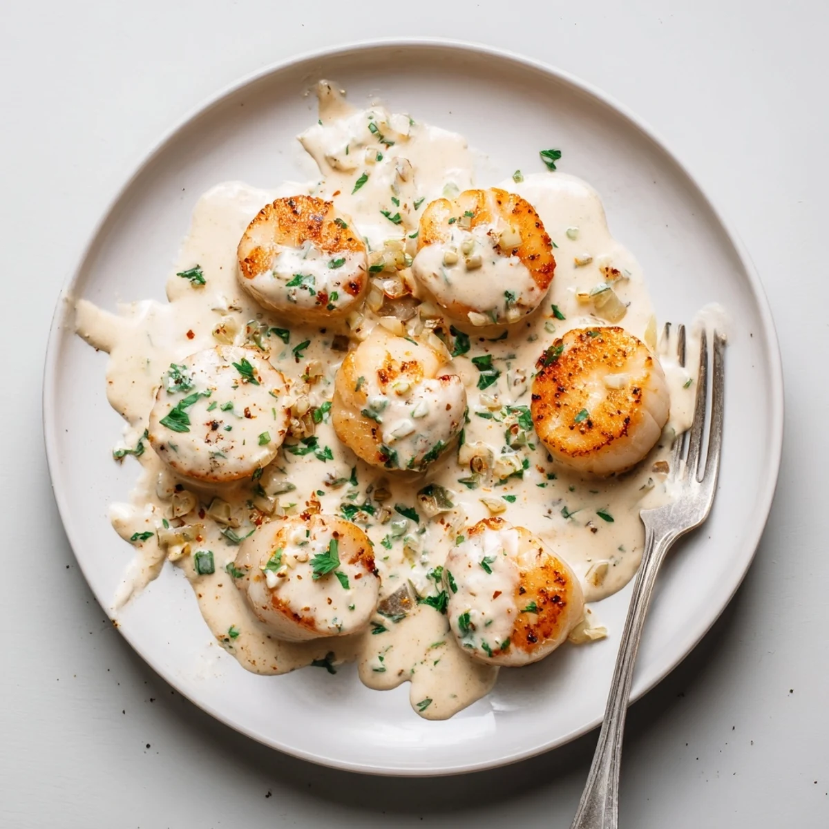 Golden pan-seared scallops topped with spicy Cajun cream sauce and fresh parsley