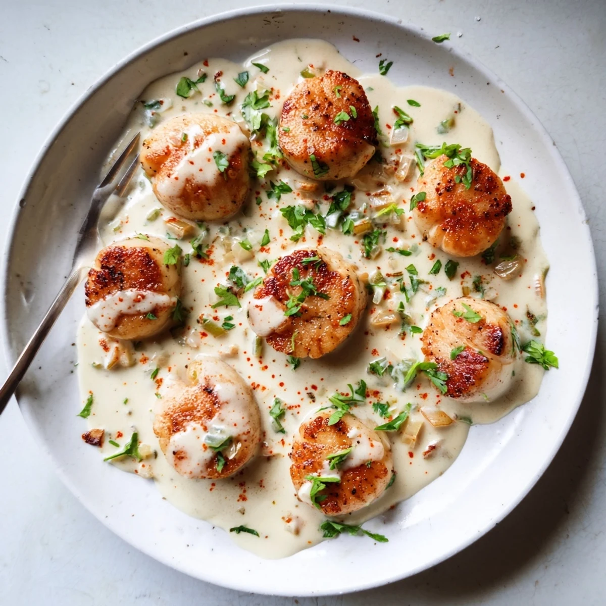 Succulent scallops in golden brown crust served with creamy spicy Cajun sauce and herbs