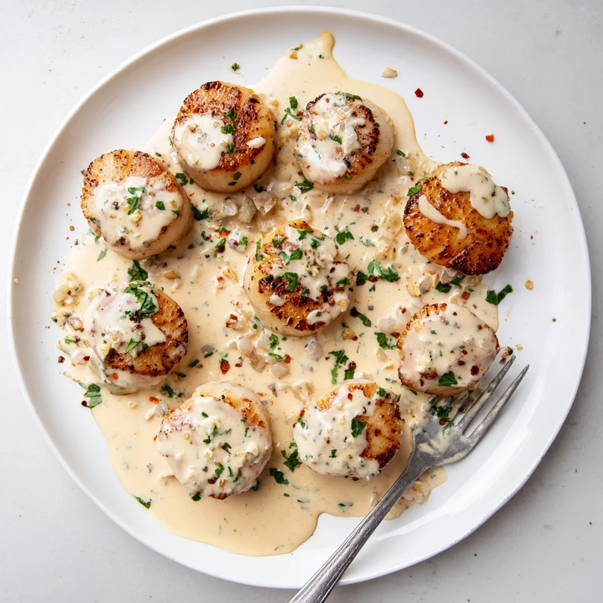Perfectly seared sea scallops drizzled with rich Cajun cream sauce on a white plate