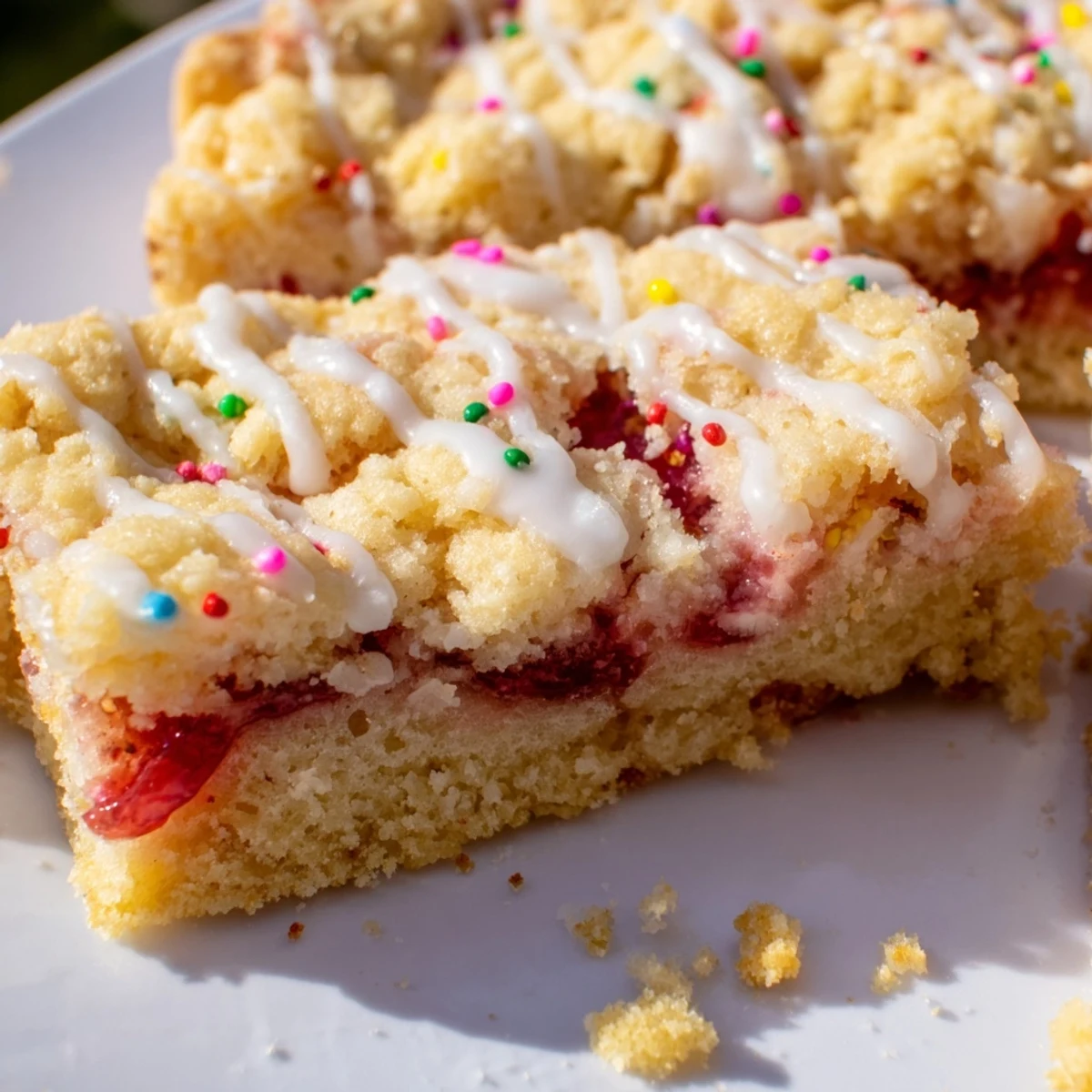 Golden pop tart cookie bars with strawberry jam filling and white glaze topped with colorful sprinkles