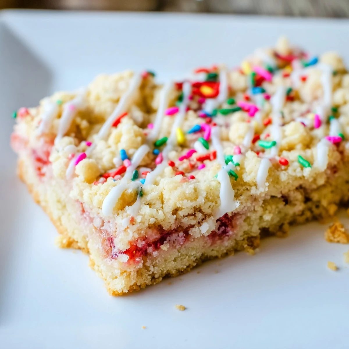 Homemade pop tart inspired cookie squares with fruity filling, creamy glaze, and festive rainbow sprinkles