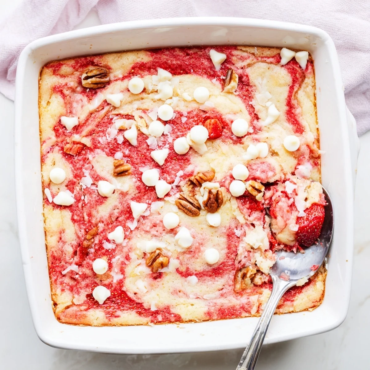 Strawberry earthquake cake with swirled cream cheese and white chocolate chips on top