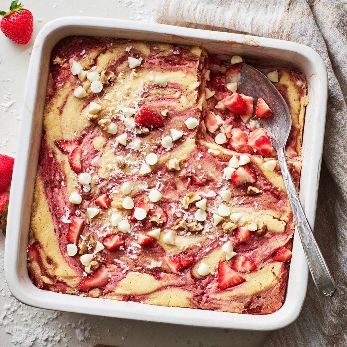 Decadent strawberry earthquake cake featuring fresh berries and coconut in a marbled dessert