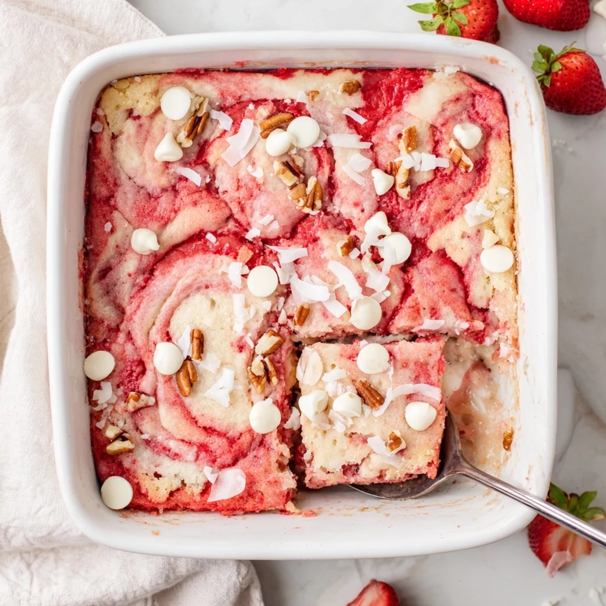 Warm strawberry earthquake cake served with vanilla ice cream and melted white chocolate