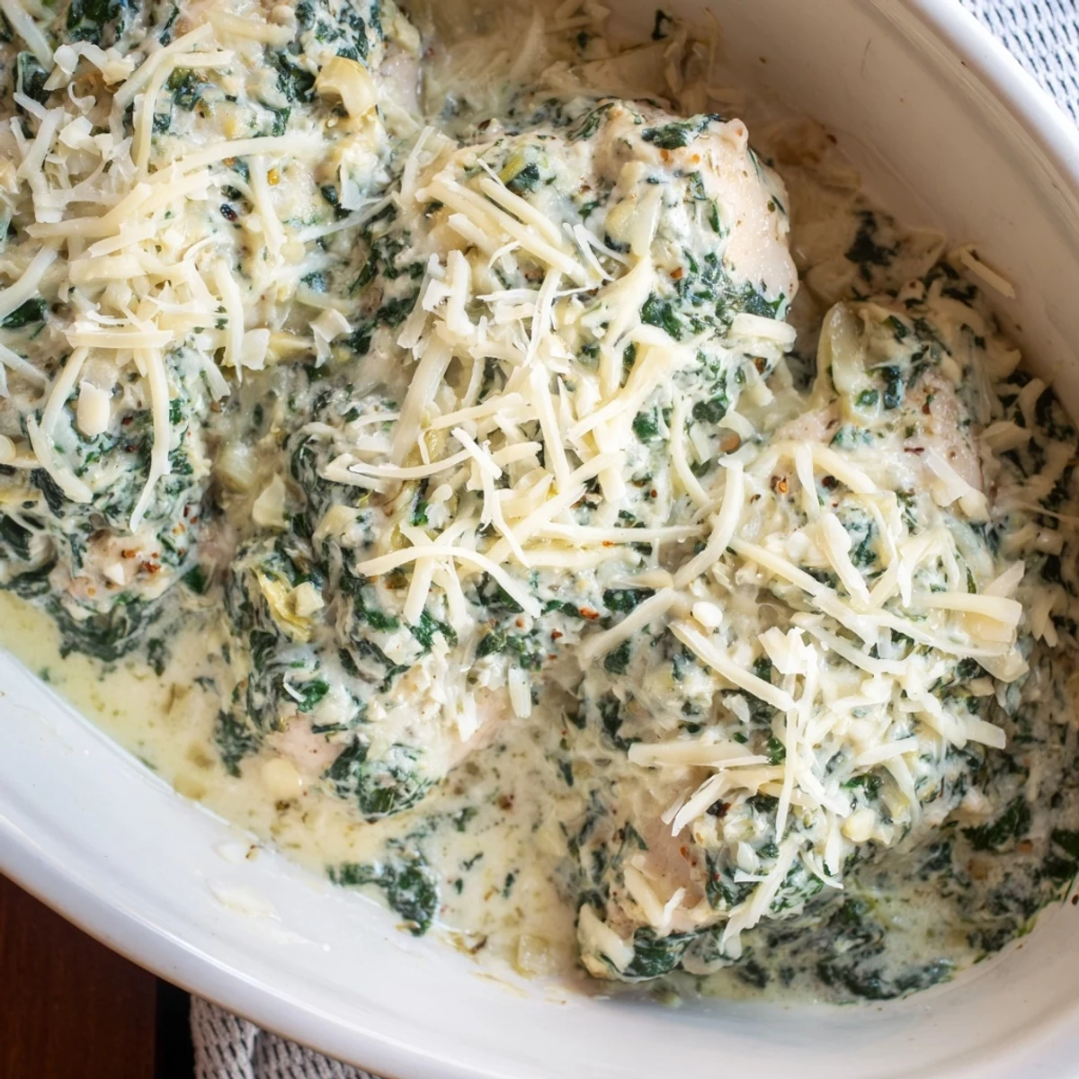 Golden bubbly spinach and artichoke chicken bake fresh from the oven with melted cheese topping