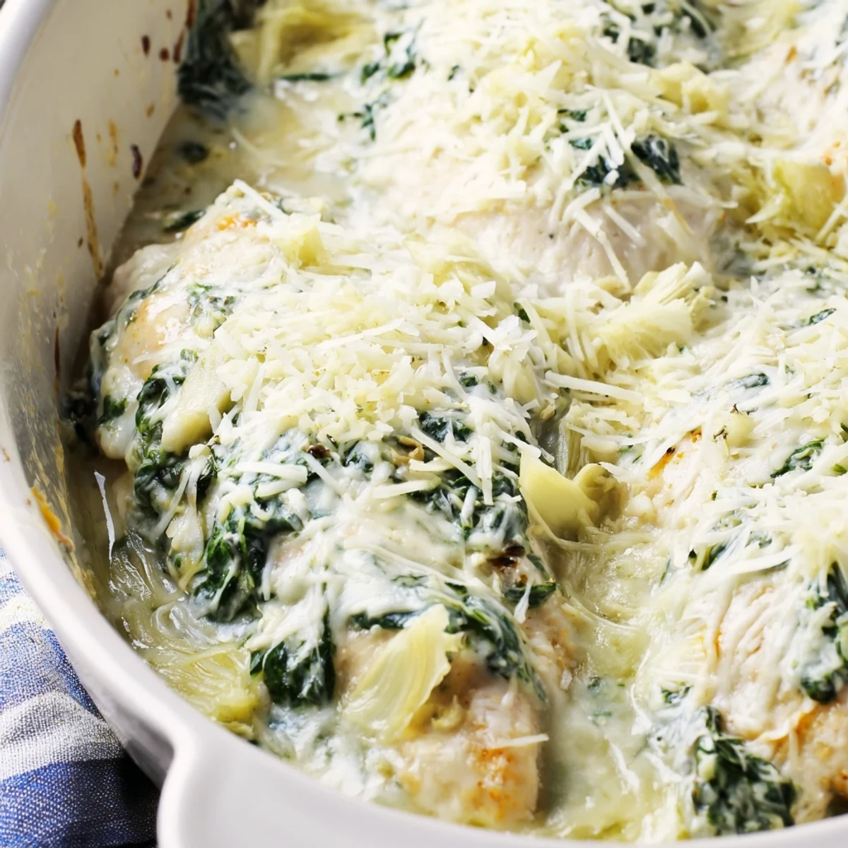 Creamy spinach artichoke chicken casserole served hot with steamed vegetables on a white plate