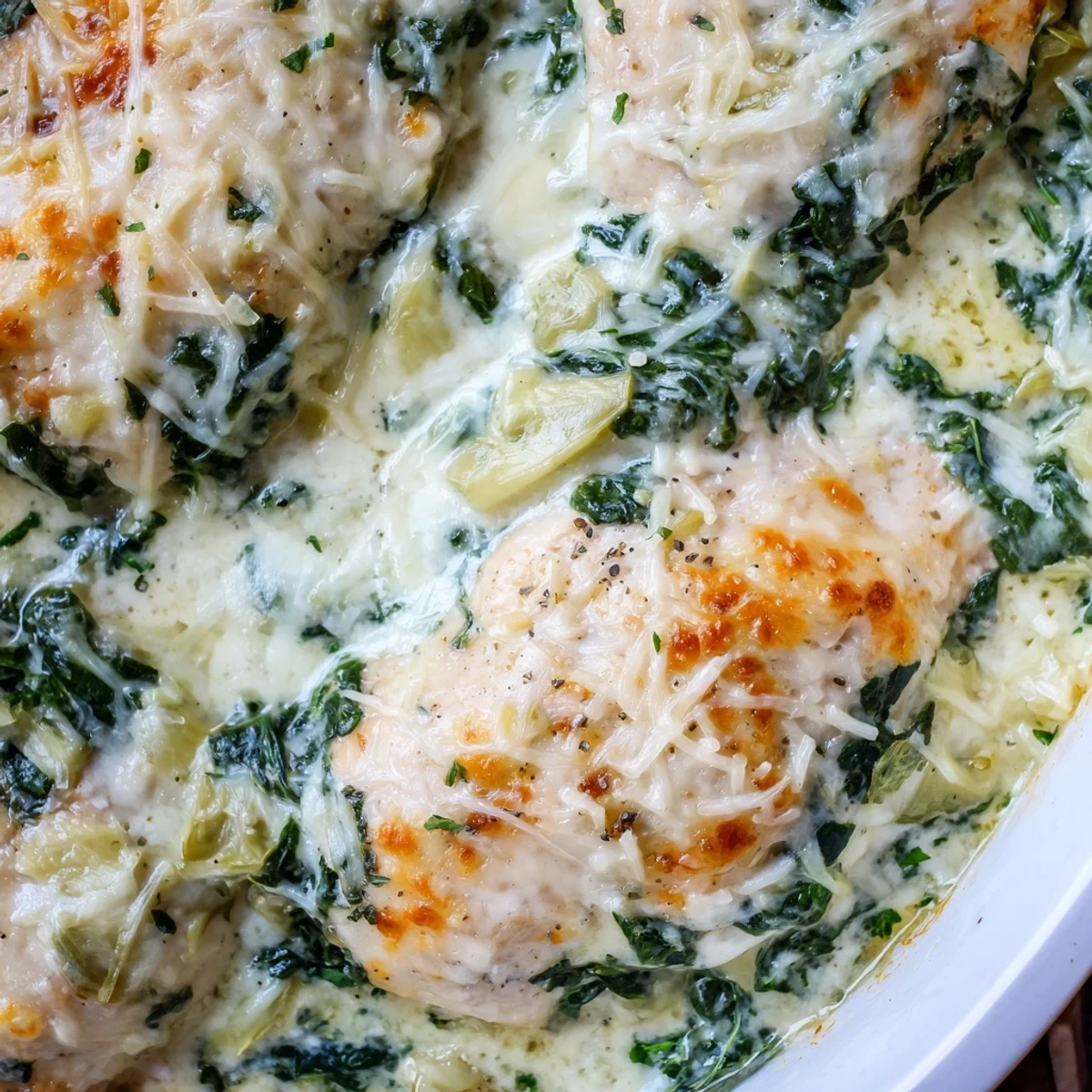 Baked chicken breasts topped with savory spinach artichoke dip mixture and golden mozzarella cheese