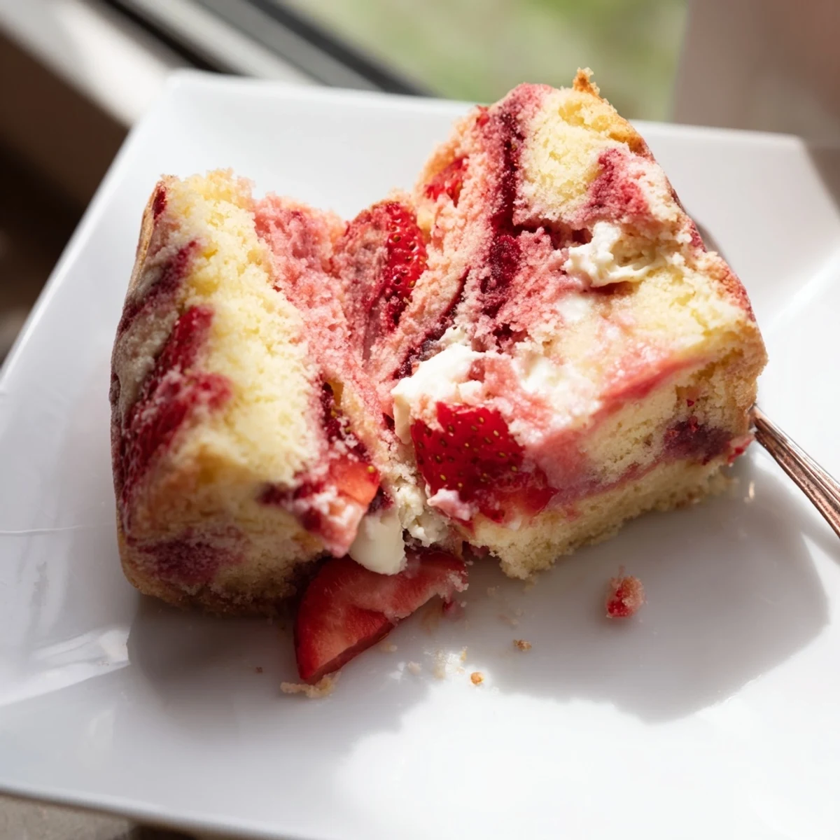 Marbled Strawberry Earthquake Cake featuring melted cream cheese pockets and sweet strawberry pieces on top