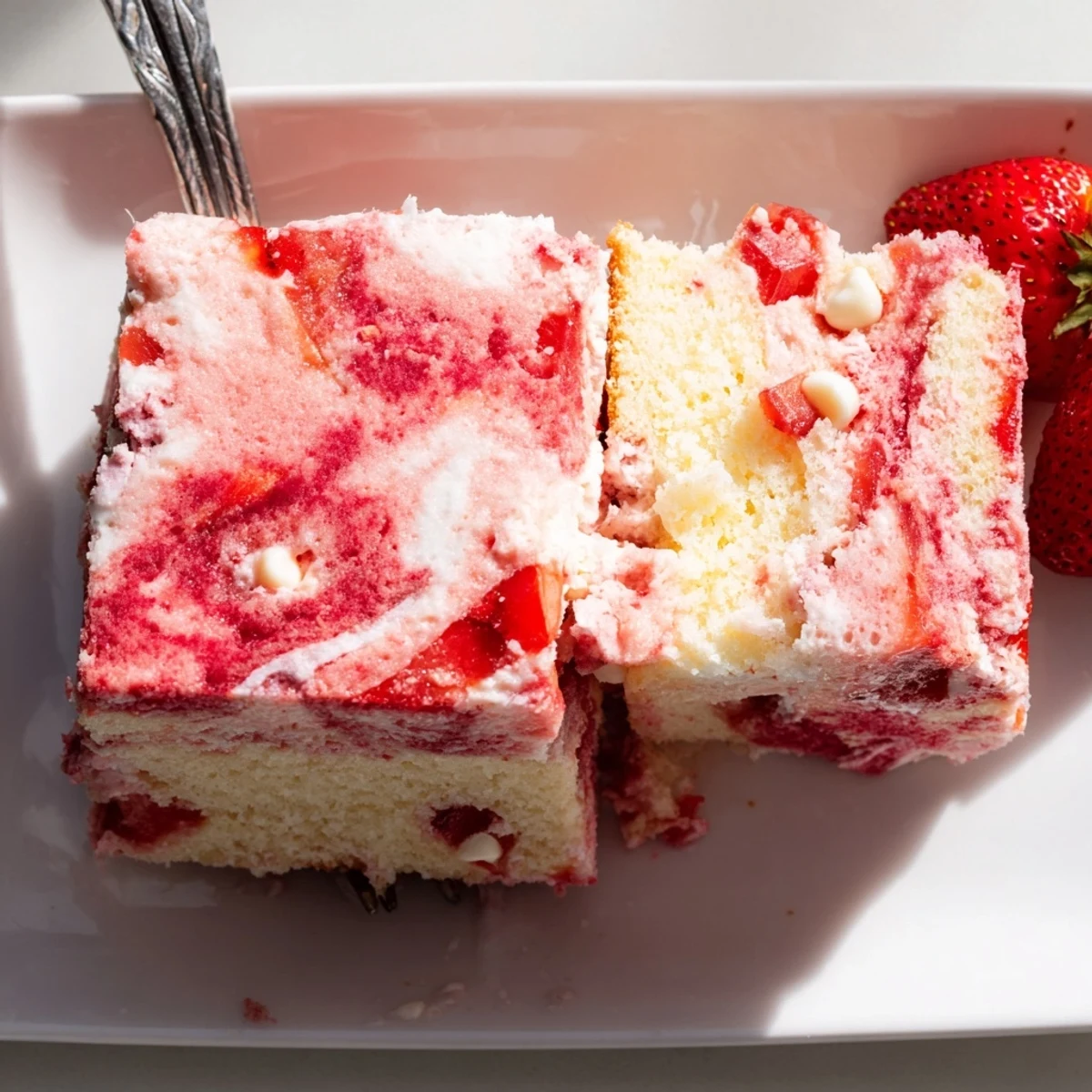 Sliced Strawberry Earthquake Cake showing gooey cream cheese center with coconut and white chocolate topping