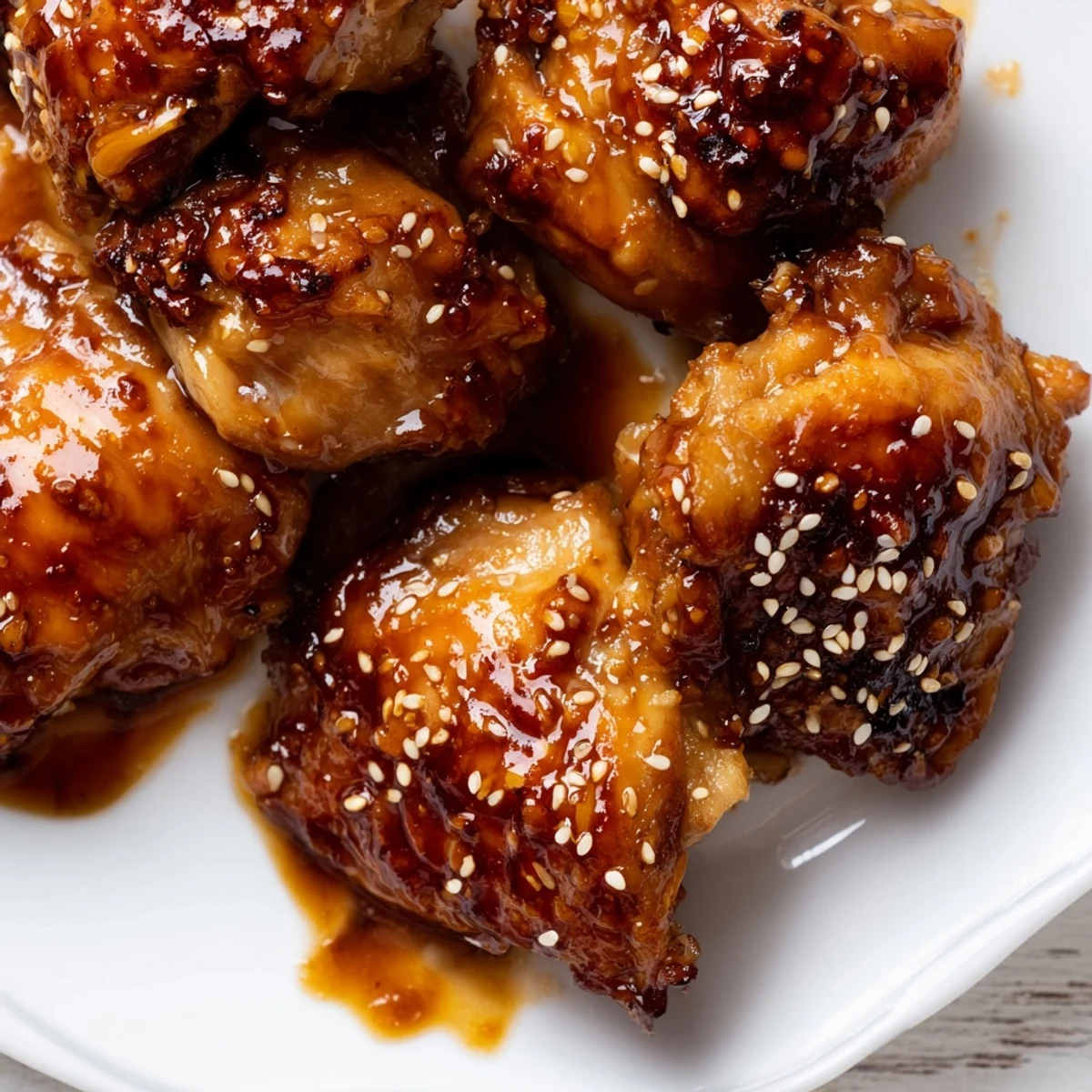 Tender Hawaiian Crock Pot Huli Huli chicken pieces coated in sticky reddish brown sauce