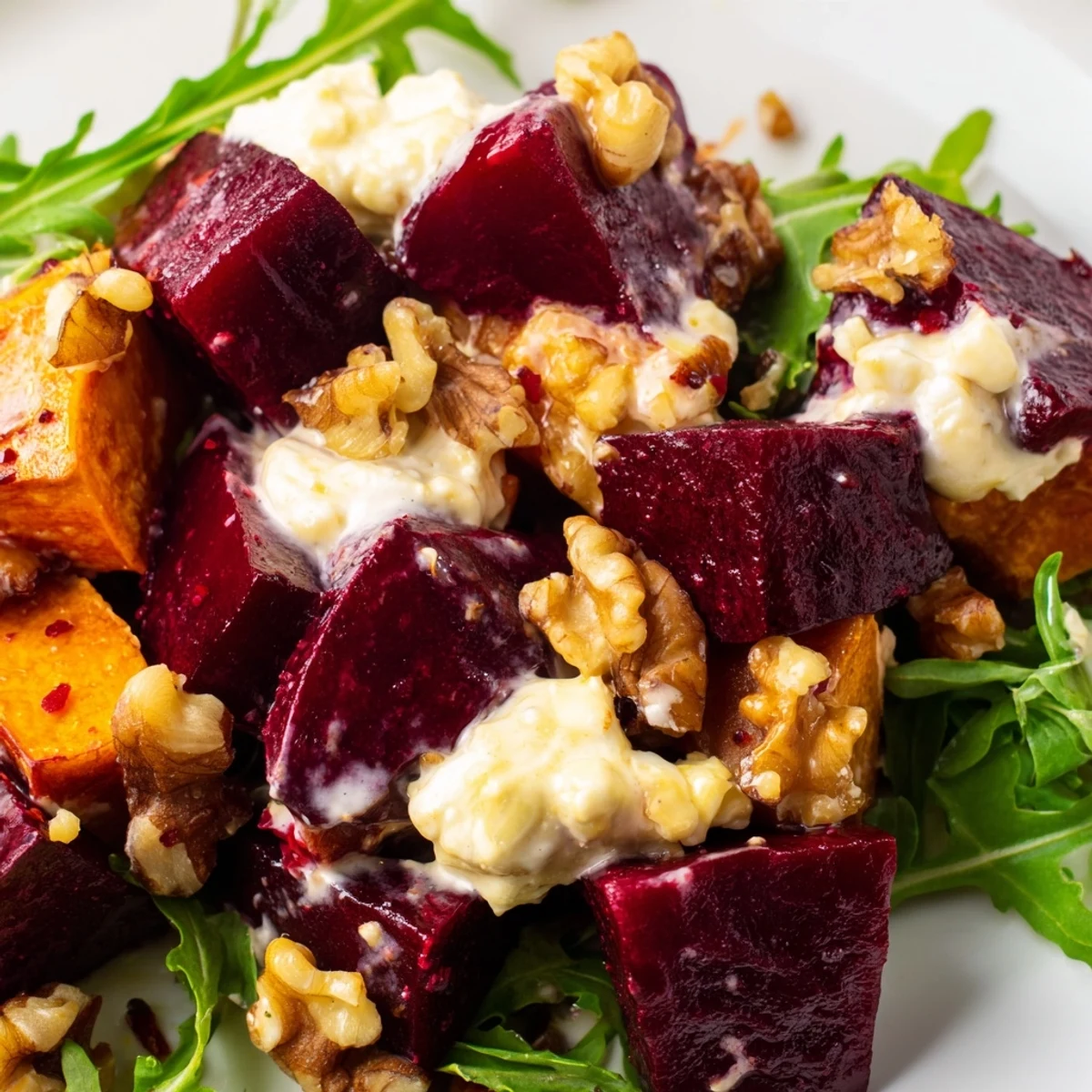 Colorful roasted beet salad with sweet potato cubes, crumbled feta, and creamy yogurt dressing on a bed of fresh arugula