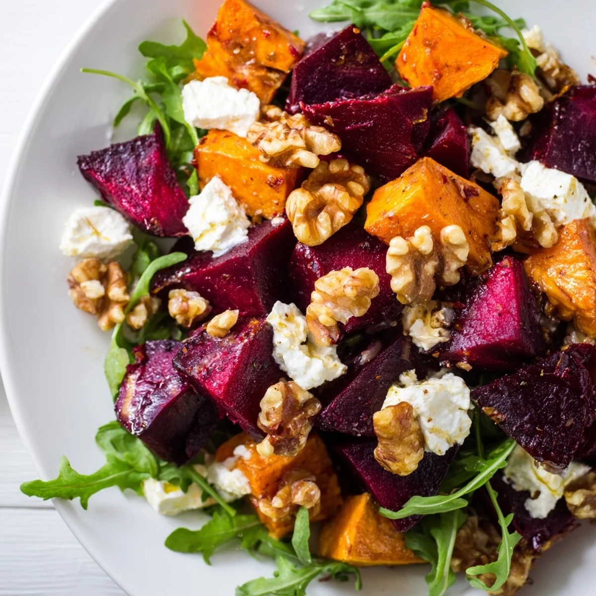 Creamy roasted beet and sweet potato salad drizzled with honey yogurt dressing and sprinkled with crunchy pecans and white feta