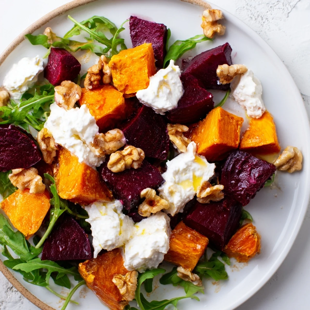 Golden sweet potatoes and tender beets topped with tangy feta cheese and toasted walnuts in this vibrant vegetarian salad platter