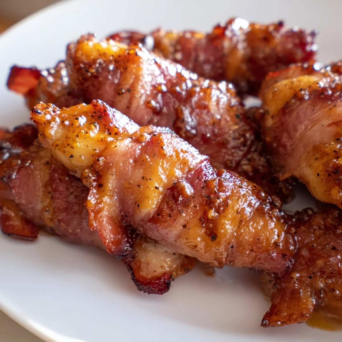 Golden brown sugar chicken tenders wrapped in smoky bacon on a wire rack