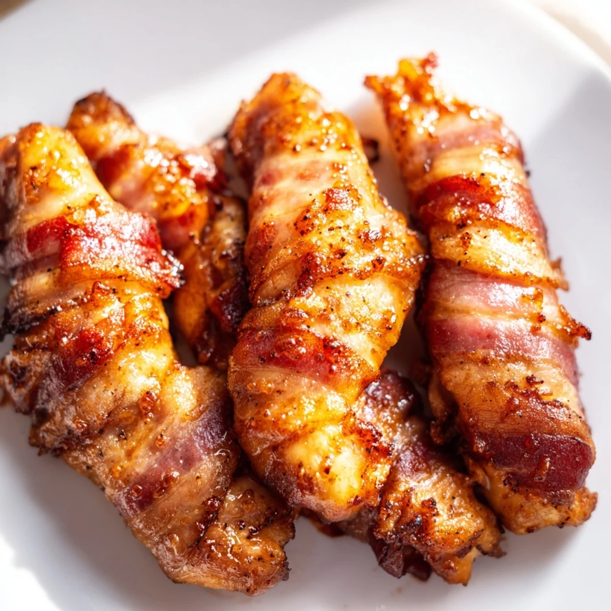 Crispy bacon brown sugar chicken tenders fresh from the oven with caramelized coating