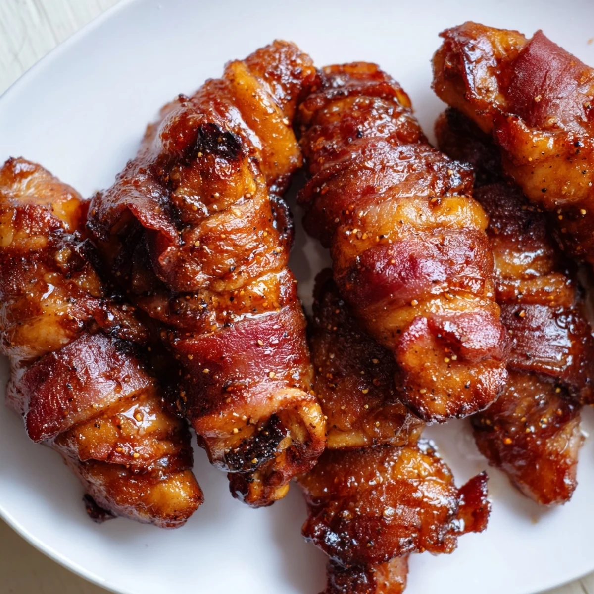 Bacon-wrapped chicken tenders coated in sweet brown sugar mixture, ready for weeknight dinner