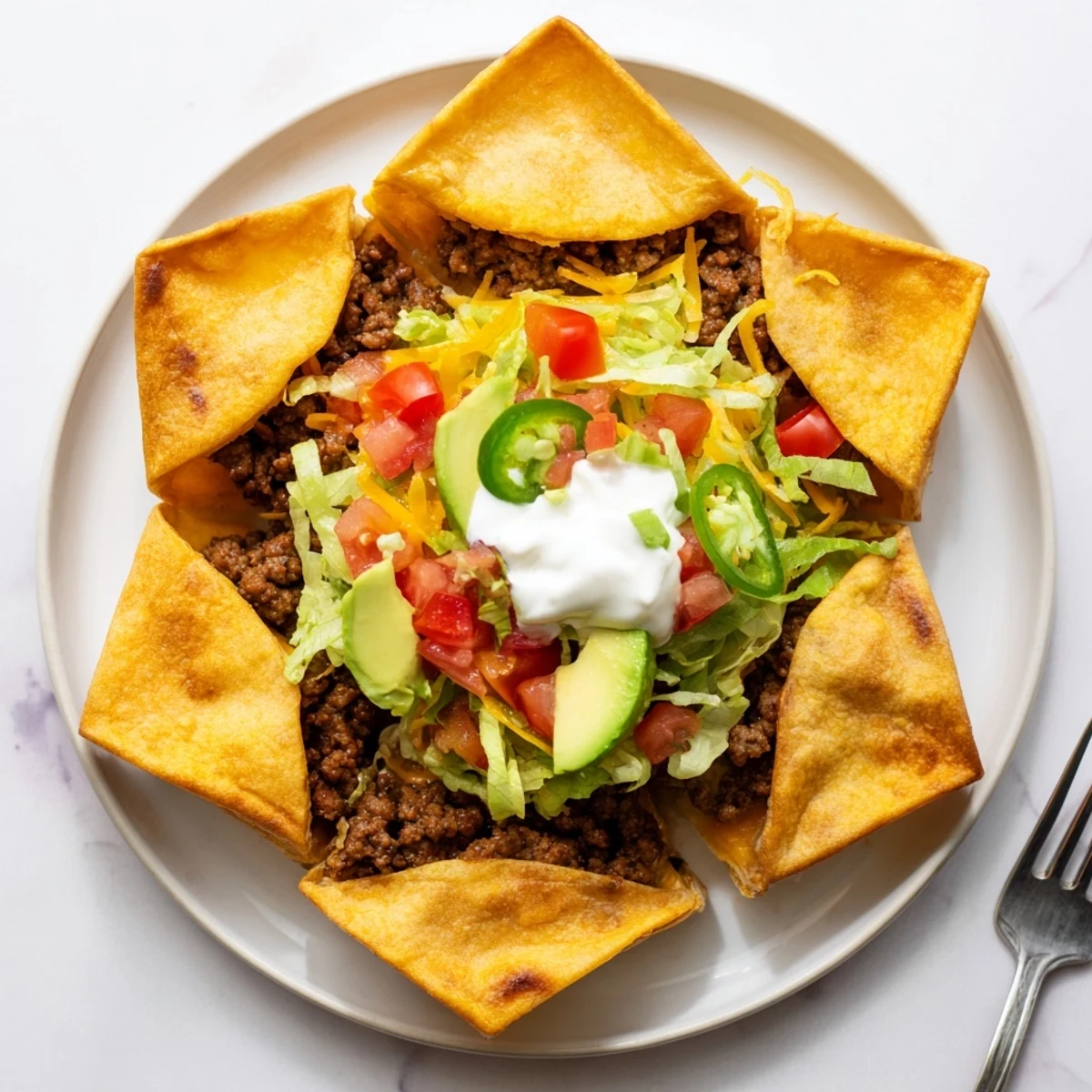 Golden low-carb keto crunchwraps featuring seasoned ground beef, melted cheddar, and crisp vegetables folded into cheesy almond flour tortillas