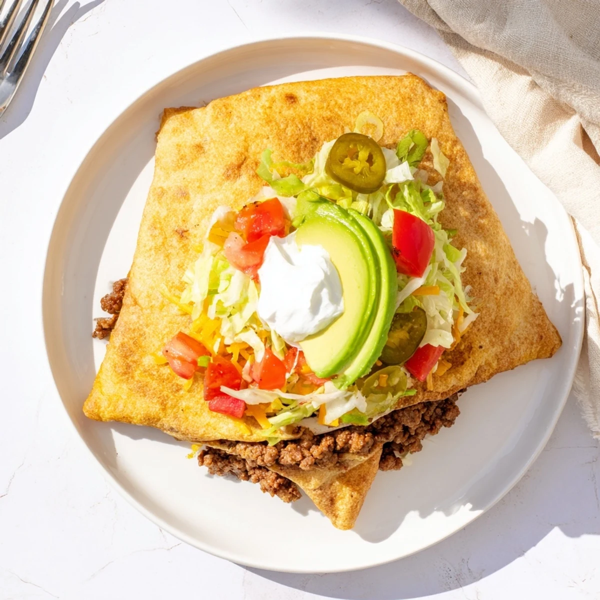 Homemade keto crunchwraps with a folded tortilla design showcasing taco-seasoned beef, cheese, and colorful toppings for an easy gluten-free dinner