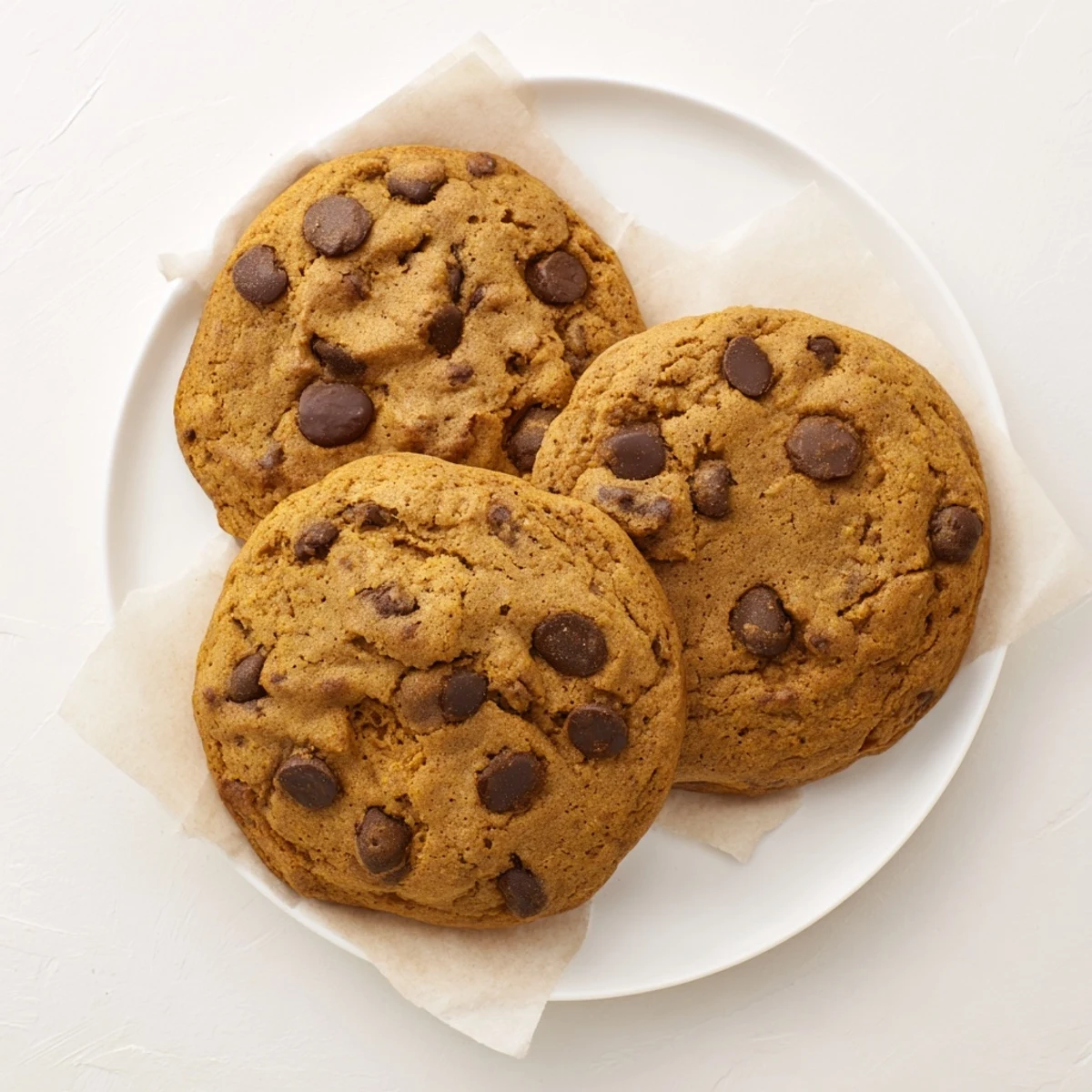 Freshly baked pumpkin spice chocolate chip cookies cooling on a wire rack with autumn decorations