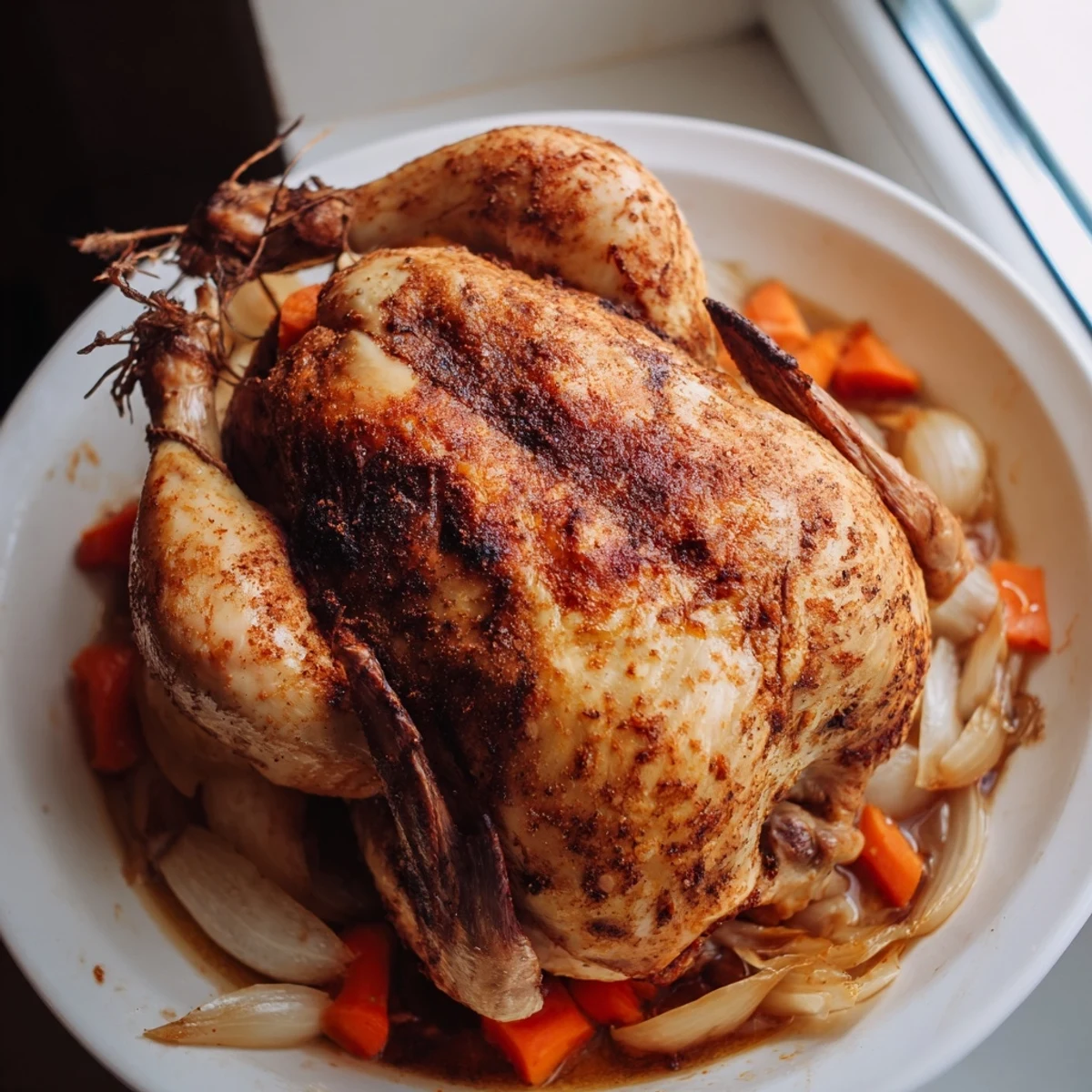 Whole roasted chicken seasoned with fresh lemon zest aromatic garlic and fragrant thyme