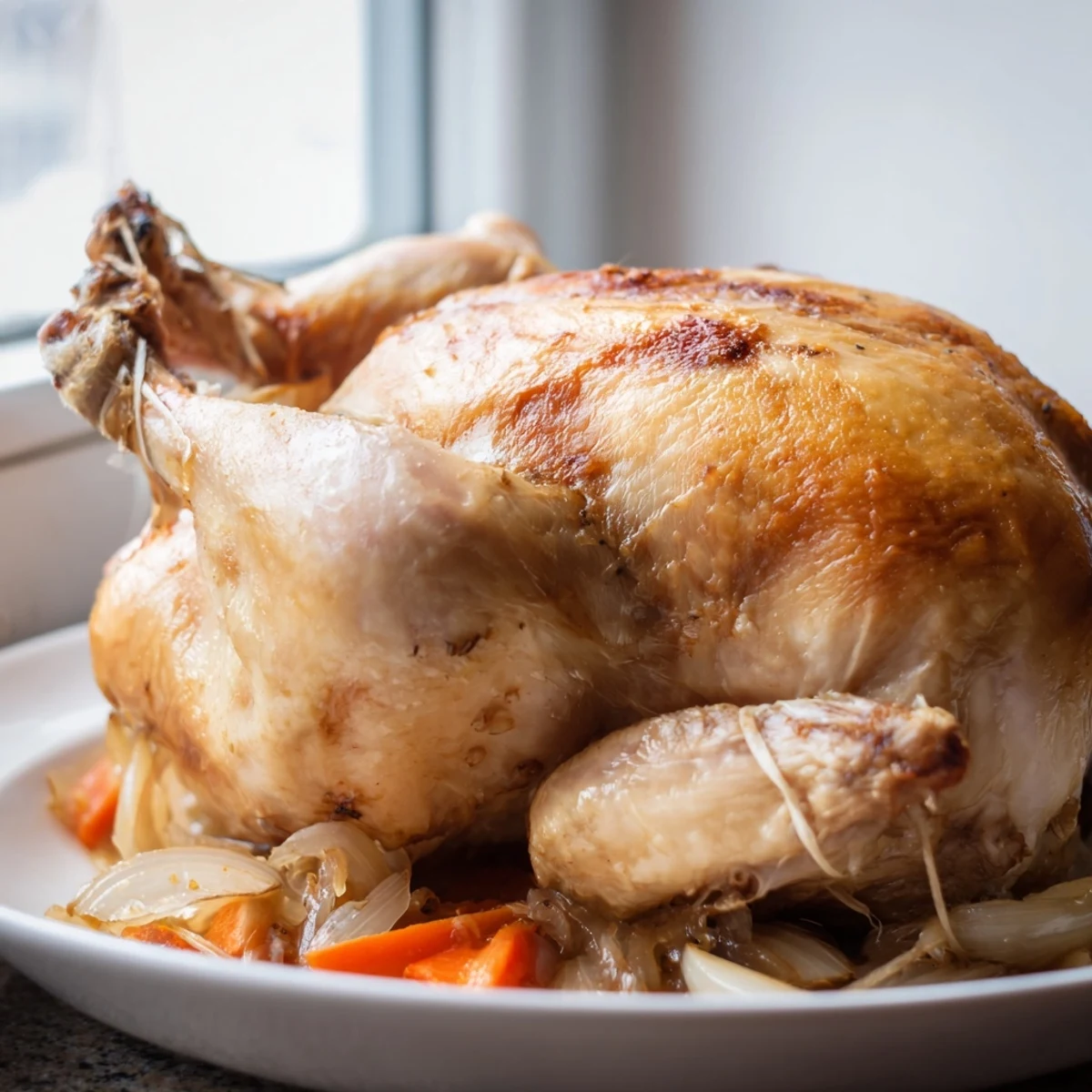 Golden roast garlic and lemon chicken with crispy skin and tender juicy meat