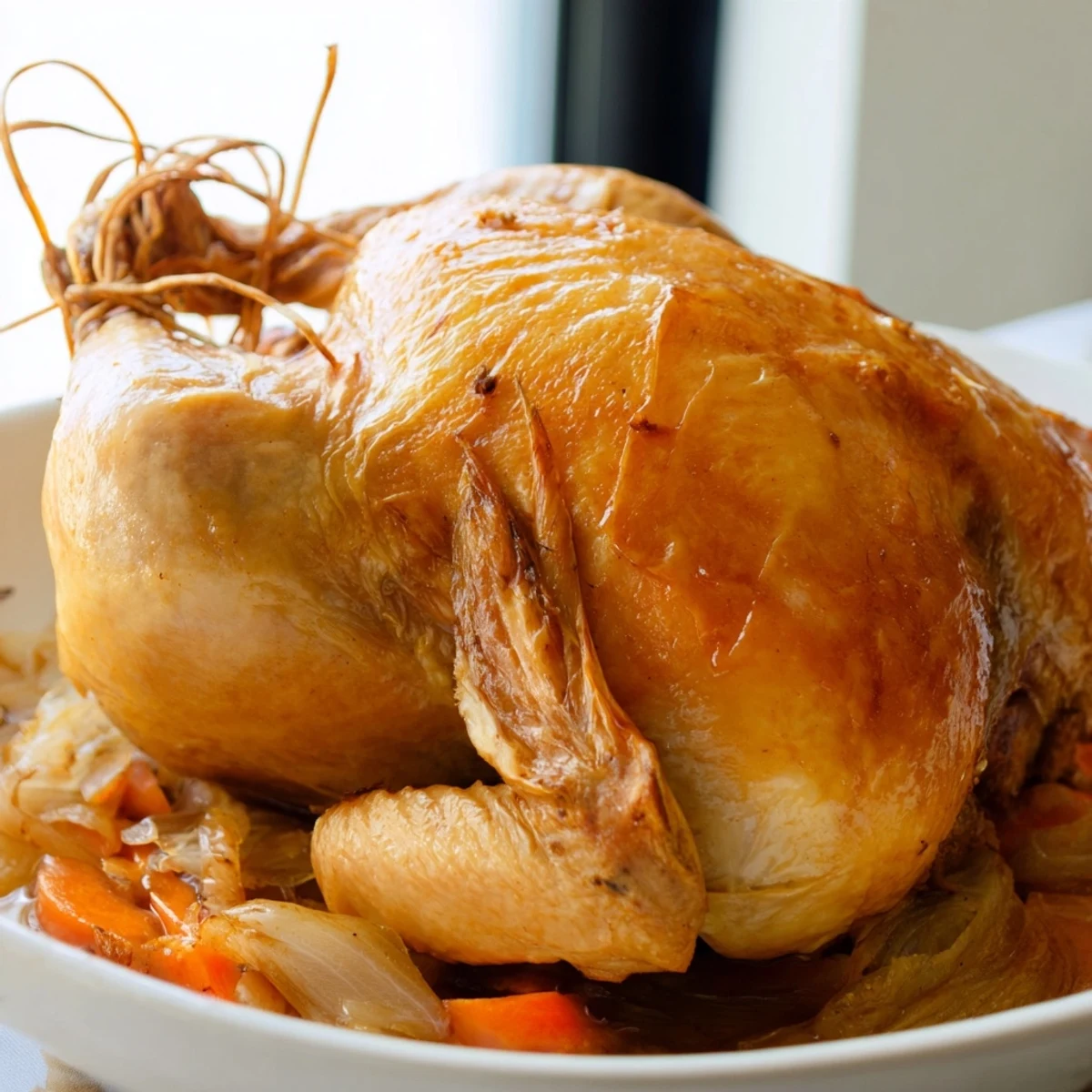 Mediterranean style roast garlic and lemon chicken served with roasted carrots and onions