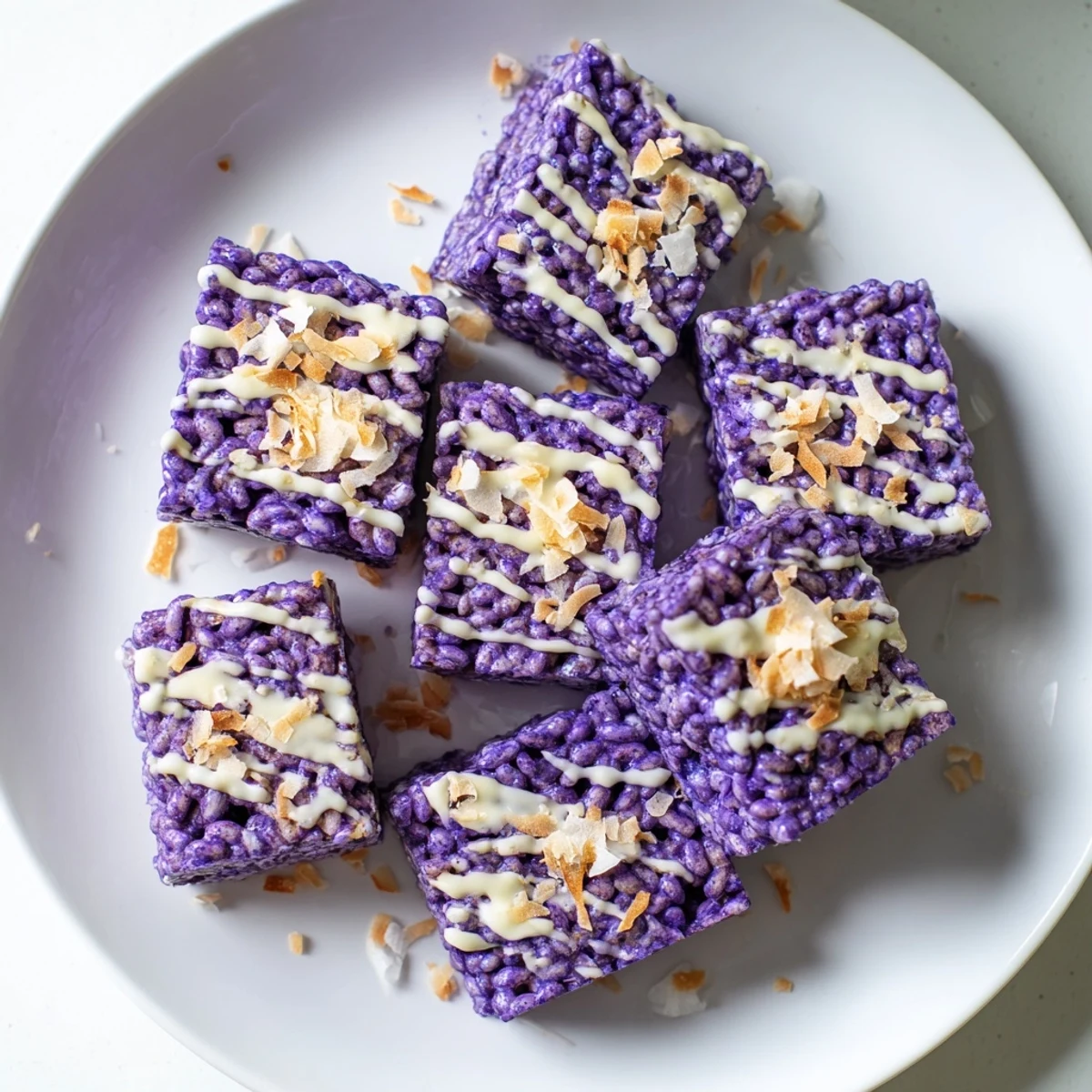 Chewy purple yam rice krispie treats squares cut for easy serving on a white plate