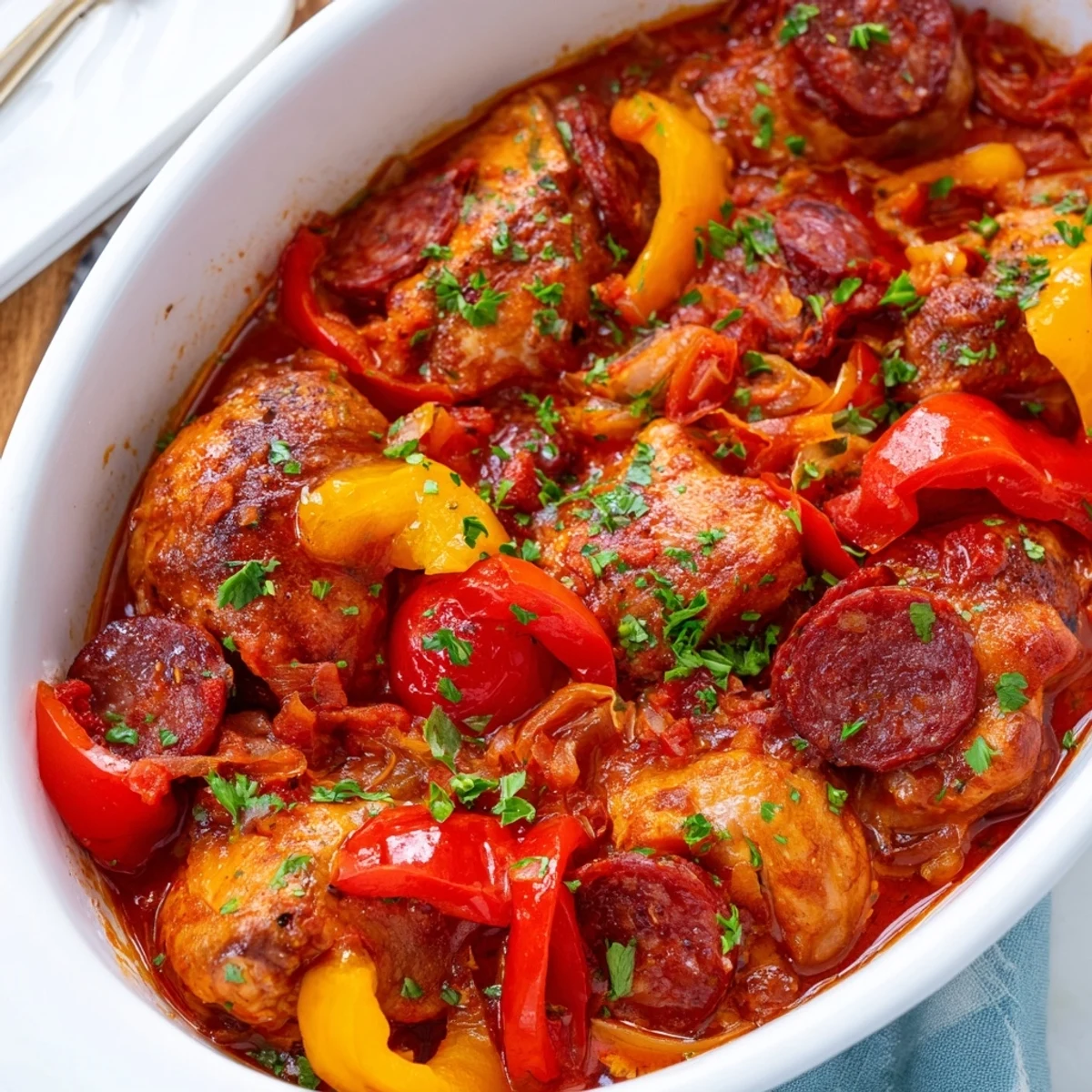 Golden chicken chorizo and tomato casserole bubbling in a Dutch oven with colorful peppers