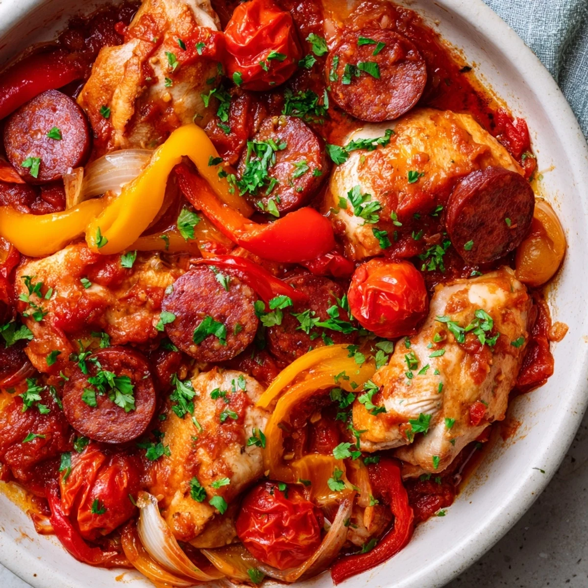 One-pot chicken chorizo and tomato casserole garnished with fresh parsley and steaming hot