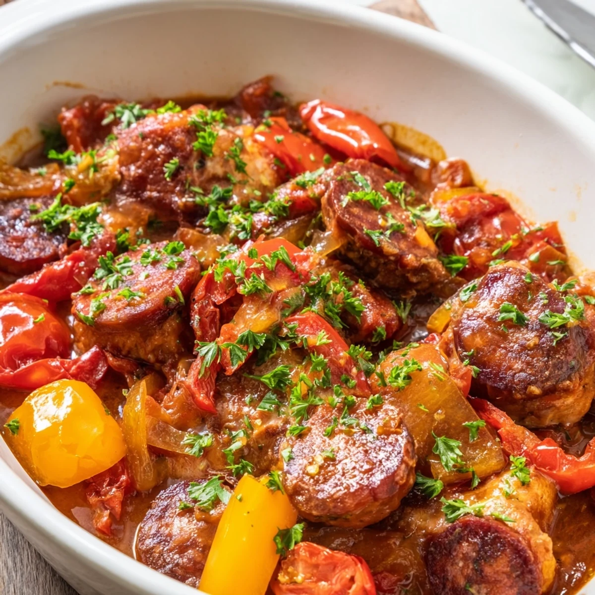 Hearty Spanish-inspired chicken chorizo and tomato casserole featuring tender meat and vibrant red tomatoes