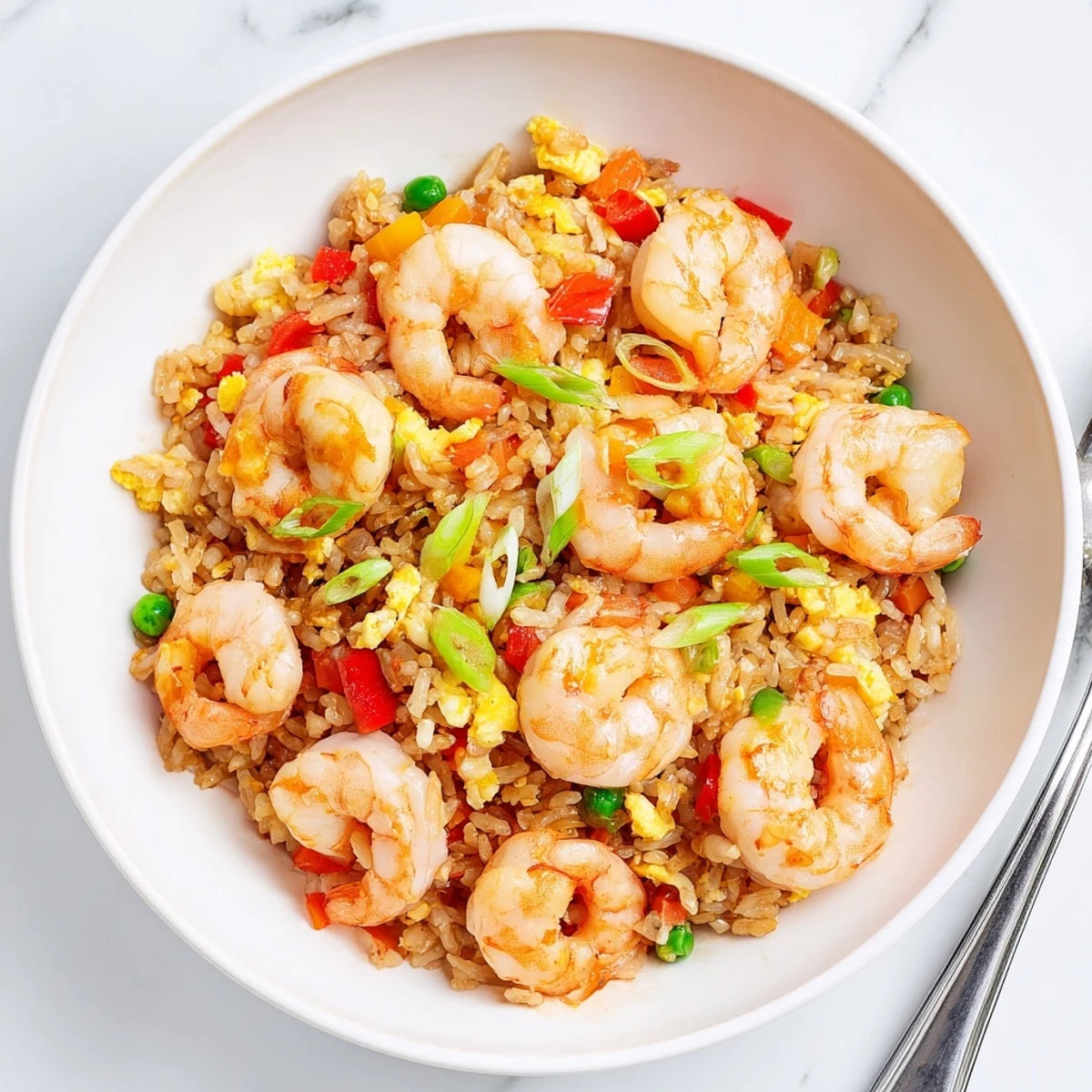 Savory Asian fusion plate featuring tender prawns and jasmine rice tossed with crisp peppers and peas