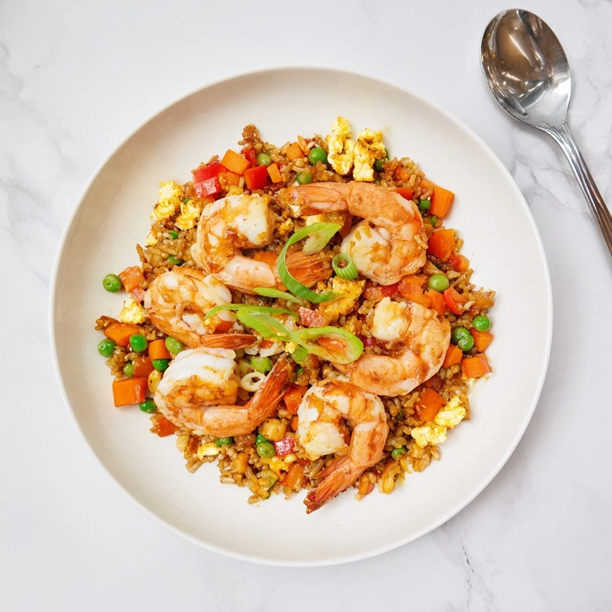 Golden garlic prawns arranged atop colorful vegetable fried rice drizzled with sweet chilli sauce