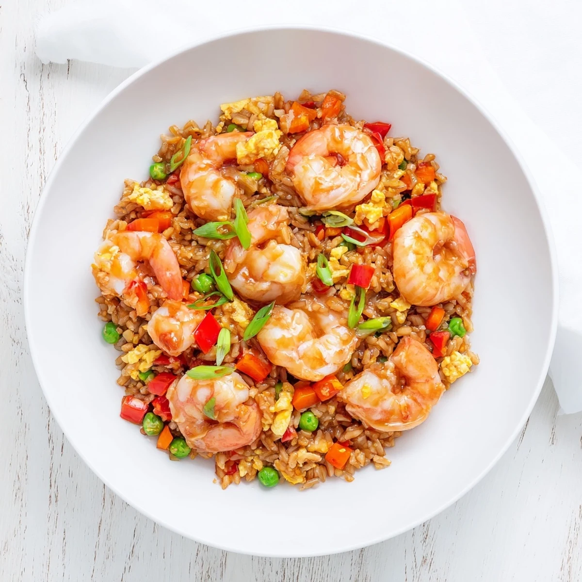 Vibrant garlic prawns and sweet chilli fried rice served in a bowl with fresh spring onion garnish