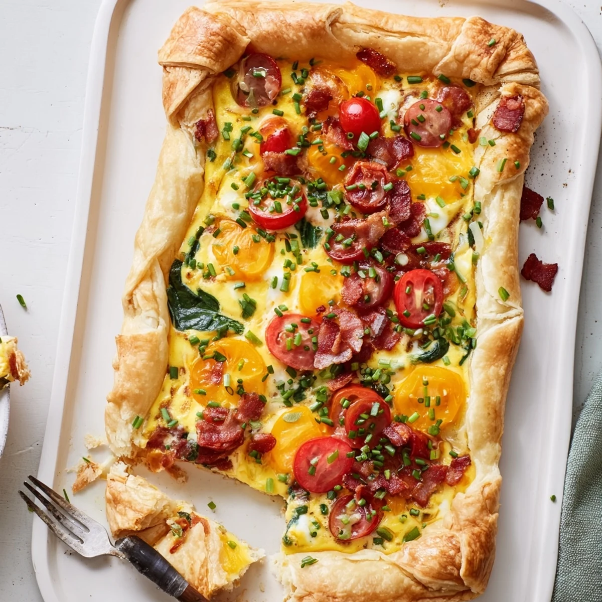 Golden family breakfast tart with flaky puff pastry, bacon, and fresh vegetables on a rustic wooden board