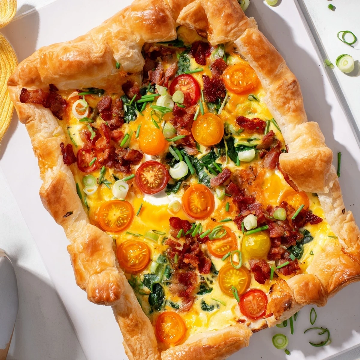 Sliced family breakfast tart revealing fluffy egg filling with crisp bacon, spinach, and chives on a white plate