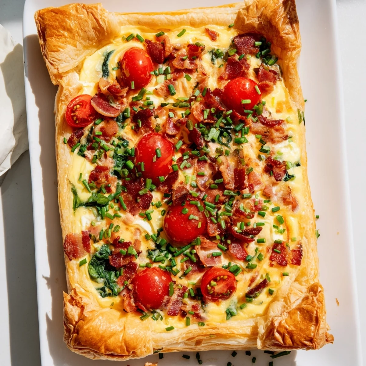 Savory breakfast tart featuring creamy egg custard, melted cheddar, and colorful cherry tomatoes in a golden crust