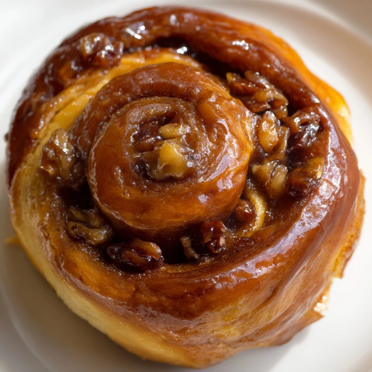 Golden Vietnamese cinnamon date sticky buns dripping with warm caramel glaze on serving plate