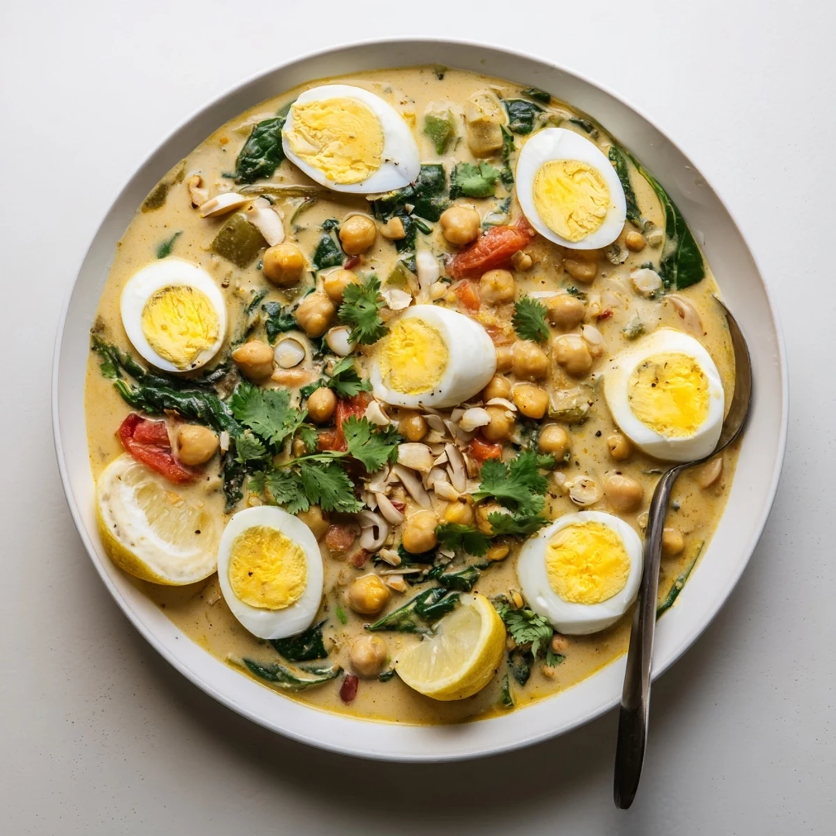 Halved boiled eggs nestled in aromatic korma sauce with chickpeas and wilted spinach leaves
