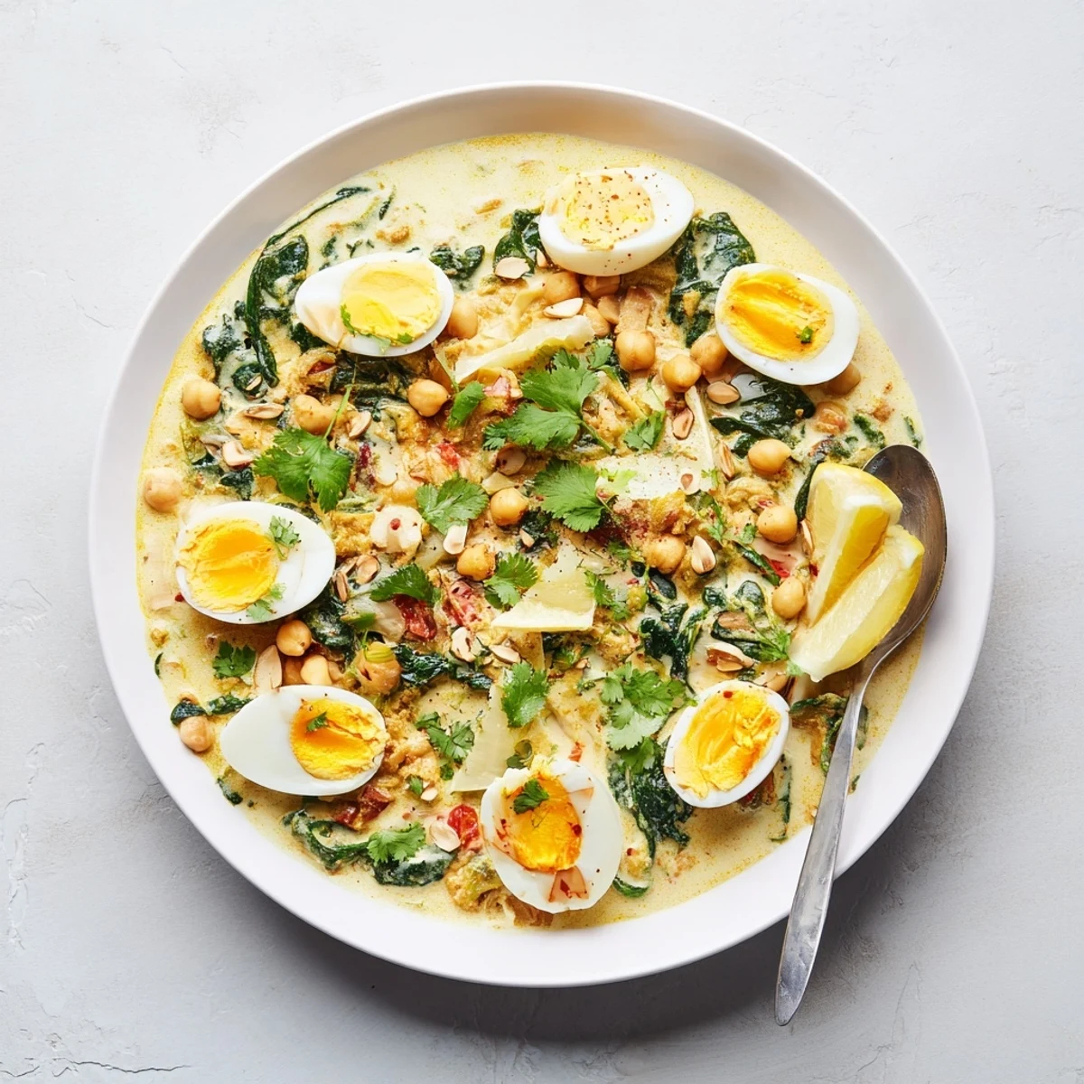Creamy mild egg korma curry with chickpeas and fresh spinach served in a bowl